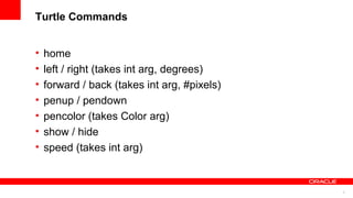 5
Turtle Commands
• home
• left / right (takes int arg, degrees)
• forward / back (takes int arg, #pixels)
• penup / pendown
• pencolor (takes Color arg)
• show / hide
• speed (takes int arg)
 