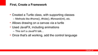 9
First, Create a Framework
• Created a Turtle class, with supporting classes
– Methods like #home(), #hide(), #forward(int), etc.
• Allows drawing on a canvas via a turtle
• Used JavaFX, including animations
– This isn't a JavaFX talk...
• Once that's all working, add the control language
 