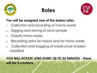 Roles
You will be assigned one of the below roles.
1. Collection and recording of macro waste
2. Digging and sieving of sand sample
3. Classify micro waste.
4. Recording data for macro and for micro waste
5. Collection and bagging of waste once its been
classified
YOU WILL ROTATE JOBS EVERY 20 TO 25 MINUTES - there
will be 3 rotations.
 