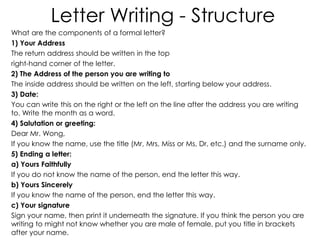 Letter Writing - Structure
What are the components of a formal letter?
1) Your Address
The return address should be written in the top
right-hand corner of the letter.
2) The Address of the person you are writing to
The inside address should be written on the left, starting below your address.
3) Date:
You can write this on the right or the left on the line after the address you are writing
to. Write the month as a word.
4) Salutation or greeting:
Dear Mr. Wong,
If you know the name, use the title (Mr, Mrs, Miss or Ms, Dr, etc.) and the surname only.
5) Ending a letter:
a) Yours Faithfully
If you do not know the name of the person, end the letter this way.
b) Yours Sincerely
If you know the name of the person, end the letter this way.
c) Your signature
Sign your name, then print it underneath the signature. If you think the person you are
writing to might not know whether you are male of female, put you title in brackets
after your name.
 