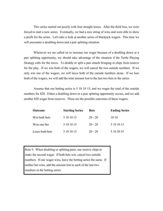 This series started out poorly with four straight losses. After the third loss, we were
forced to start a new series. Eventually, we had a nice string of wins and were able to show
a profit for the series. Let's take a look at another series of blackjack wagers. This time we
will encounter a doubling down and a pair splitting situation.


        Whenever we are called on to increase our wager because of a doubling down or a
pair splitting opportunity, we should take advantage of the situation if the Turtle Playing
Strategy calls for the move. To double or split a pair entails bringing in chips from reserve
for the play. If we win both of the wagers, we will cancel the two outside numbers. If we
only win one of the wagers, we will leave both of the outside numbers alone. If we lose
both of the wagers, we will add the total amount lost to the last two bets in the series.


        Assume that our betting series is 5 10 10 15, and we wager the total of the outside
numbers for $20. Either a doubling down or a pair splitting opportunity occurs, and we add
another $20 wager from reserves. These are the possible outcomes of these wagers:


       Outcome                   Starting Series      Bets              Ending Series

       Win both bets             5 10 10 15           20 - 20           10 10

       Won one bet               5 10 10 15           20 - 20           5 10 10 15

       Loses both bets           5 10 10 15           20 - 20           5 10 30 35




Rule 5. When doubling or splitting pairs, use reserve chips to
make the second wager. If both bets win, cancel two outside
numbers. If one wager wins, leave the betting series the same. If
neither bet wins, add the amount lost to each of the last two
numbers in the betting series.
 