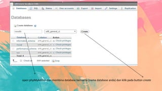 open phpMyAdmin dan membina database bernama (nama database anda) dan kilik pada button create
 