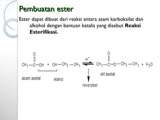 Pembuatan esterPembuatan ester
Ester dapat dibuat dari reaksi antara asam karboksilat dan
alkohol dengan bantuan katalis yang disebut Reaksi
Esterifikasi.
 