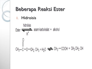 Beberapa Reaksi EsterBeberapa Reaksi Ester
1. Hidroisis
 