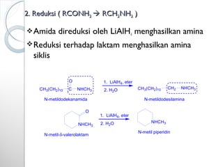 2. Reduksi ( RCONH2. Reduksi ( RCONH22  RCHRCH22NHNH22 ))
Amida direduksi oleh LiAlH4 menghasilkan amina
Reduksi terhadap laktam menghasilkan amina
siklis
C
O
NHCH3CH3(CH2)10
NHCH3
O
NHCH3
CH2 NHCH3CH3(CH2)10
1. LiAlH4, eter
2. H2O
1. LiAlH4, eter
2. H2O
N-metildodekanamida N-metildodesilamina
N-metil-δ-valerolaktam
N-metil piperidin
 