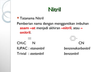 NitrilNitril
Tatanama Nitril
Pemberian nama dengan menggantikan imbuhan
asam –at menjadi akhiran –nitril, atau –
onitril.
CH3C N CN
IUPAC : etananitril benzenakarbonitril
Trivial : asetonitril benzonitril
 