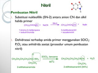 NitrilNitril
Pembuatan Nitril
1. Substitusi nukleofilik (SN-2) antara anion CN dan alkil
halida primer
1. Dehidratasi terhadap amida primer menggunakan SOCl2;
P2O5; atau anhidrida asetat (prosedur umum pembuatan
nitril)
(CH3)2CHCH2Br NaCN
SN-2
(CH3)2CHCH2CN NaBr
1-bromo-2-metilpropana
= isobutil bromida
3-metilbutananitril
= isovaleronitril
CH3CH2CH2CH2CH-C-NH2
CH2CH3
O
800
C
CH3CH2CH2CH2CHCN
CH2CH3
H2O
SOCl2, benzena
2-etilheksanamida 2-etilheksananitril (94%)
 