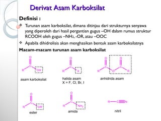 DerivatDerivat Asam KarboksilatAsam Karboksilat
Definisi :
 Turunan asam karboksilat, dimana ditinjau dari strukturnya senyawa
yang diperoleh dari hasil pergantian gugus –OH dalam rumus struktur
RCOOH oleh gugus –NH2, -OR, atau –OOC
 Apabila dihidrolisis akan menghasikan bentuk asam karboksilatnya
Macam-macam turunan asam karboksilat
R
C
OH
O
R
C
X
O
R
C
O
O
R
C
OR'
O
R
C
NH2
O
R
C
O
R C N
asam karboksilat halida asam
X = F, Cl, Br, I
anhidrida asam
ester amida nitril
 