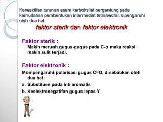 Kereaktifan turunan asam karboksilat bergantung padaKereaktifan turunan asam karboksilat bergantung pada
kemudahan pembentukan intermediat tetrahedral; dipengaruhikemudahan pembentukan intermediat tetrahedral; dipengaruhi
oleh dua hal :oleh dua hal :
faktor sterikfaktor sterik dandan faktor elektronikfaktor elektronik
Faktor sterik :
Makin meruah gugus-gugus pada C-α maka reaksi
makin sulit terjadi.
Faktor elektronik :
Mempengaruhi polarisasi gugus C=O, disebabkan oleh
dua hal :
a. Substituen pada inti aromatis
b. Keelektronegatifan gugus lepas Y
 