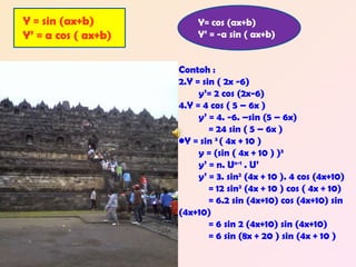 Y = sin (ax+b) Y’ = a cos ( ax+b) Y= cos (ax+b) Y’ = -a sin ( ax+b) Contoh : Y = sin ( 2x -6) y’= 2 cos (2x-6) Y = 4 cos ( 5 – 6x ) y’ = 4. -6. –sin (5 – 6x) = 24 sin ( 5 – 6x ) Y = sin 3 ( 4x + 10 ) y = (sin ( 4x + 10 ) ) 3 y’ = n. U n-1 . U’ y’ = 3. sin 2 (4x + 10 ). 4 cos (4x+10) = 12 sin 2 (4x + 10 ) cos ( 4x + 10) = 6.2 sin (4x+10) cos (4x+10) sin (4x+10) = 6 sin 2 (4x+10) sin (4x+10) = 6 sin (8x + 20 ) sin (4x + 10 )