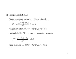 (c) Hampiran selisih-maju
Dengan cara yang sama seperti di atas, diperoleh :
i+2
fi" = f
− 2 f i+1 + f i
+ O(h),2
h
yang dalam hal ini, O(h) = - h f "(t), xi < t < xi+2
Untuk nilai-nilai f di x0 , x1, dan x2 persamaan rumusnya :
f0
f
"= 2
− 2 f + f1 0
+ O(h),2
h
yang dalam hal ini, O(h) = - h f "(t), x1 < t < xi+2.
16
 