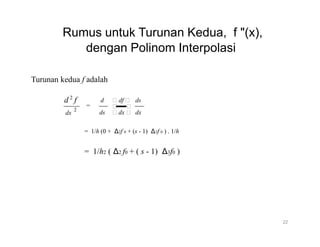 Rumus untuk Turunan Kedua, f "(x),
dengan Polinom Interpolasi
Turunan kedua f adalah
2
d f
2
dx
=
d df  ds
 
ds dx  dx
= 1/h (0 + Δ2f 0 + (s - 1) Δ3f 0 ) . 1/h
= 1/h2 ( Δ2 f0 + ( s - 1) Δ3f0 )
22
 