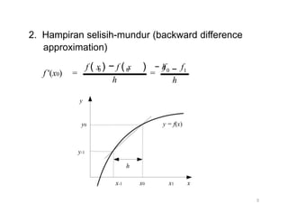 2. Hampiran selisih-mundur (backward difference
approximation)
f
f '(x0) =
y
y0
y-1
( x0 ) − f ( x − h0
h
h
) f f0 − 1
=
h
y = f(x)
x-1 x0 x1 x
5
 