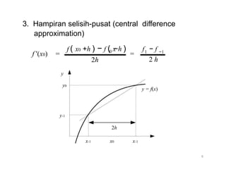 3. Hampiran selisih-pusat (central difference
approximation)
f
f '(x0) =
y
y0
y-1
( x0 +h ) − f ( x
2h
0 −h ) f − f1 −1
=
2 h
y = f(x)
2h
x-1 x0 x-1
6
 