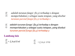 x
f

 adalah turunan fungsi f(x,y) terhadap x dengan
memperlakukan y sebagai suatu tetapan, yang disebut
turunan parsial fungsi f(x,y) terhadap x
adalah turunan fungsi f(x,y) terhadap x dengan
memperlakukan y sebagai suatu tetapan, yang disebut
turunan parsial fungsi f(x,y) terhadap y
y
f


Lambang lain
y
f


x
f


= fx (x,y) (1.a) = fy (x,y) (1.b)
 