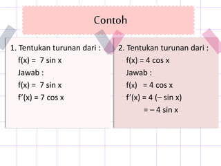 Contoh
2. Tentukan turunan dari :
f(x) = 4 cos x
Jawab :
f(x) = 4 cos x
f’(x) = 4 (– sin x)
= – 4 sin x
1. Tentukan turunan dari :
f(x) = 7 sin x
Jawab :
f(x) = 7 sin x
f’(x) = 7 cos x
 