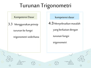 Turunan Trigonometri
4.3 Menyelesaikanmasalah
yang berkaitan dengan
turunan fungsi
trigonometri
3.3 Menggunakanprinsip
turunan ke fungsi
trigonometri sederhana
kompetensi dasarKompetensi Dasar
 