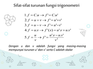 Sifat-sifatturunanfungsi trigonometri
Dengan u dan v adalah fungsi yang masing-masing
mempunyai turunan u’ dan v’ serta C adalah skalar
2
'.'.
'.5
'.'.)('..4
'''.3
'''.2
'.'..1
v
vuvu
f
v
u
f
vuvuxfvuf
vufvuf
vufvuf
uCfuCf






 