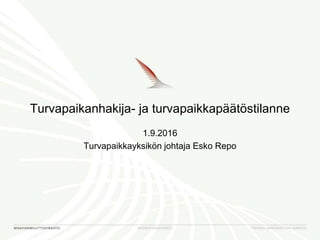 Turvapaikanhakija- ja turvapaikkapäätöstilanne
1.9.2016
Turvapaikkayksikön johtaja Esko Repo
 