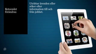 Uträttar ärenden eller
            söker efter
Beteendet   information till och
förändras   från jobbet.
 