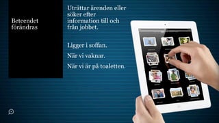 Uträttar ärenden eller
            söker efter
Beteendet   information till och
förändras   från jobbet.

            Ligger i soffan.
            När vi vaknar.
            När vi är på toaletten.
 