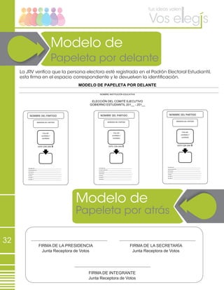32
• La	
  JRV	
  firma	
  la	
  papeleta	
  	
  por	
  detrás,	
  entrega	
  la	
  papeleta	
  abierta	
  (pero	
  con	
  doblez).	
  	
  
MODELO DE PAPELETA POR DELANTE
NOMBRE INSTITUCIÓN EDUCATIVA
ELECCIÓN DEL COMITÉ EJECUTIVO
GOBIERNO ESTUDIANTIL 201__ - 201__
	
  
NOMBRE	
  DEL	
  PARTIDO	
  
Foto	
  del	
  
candidato	
  /	
  
candidata	
  
BANDERA	
  DEL	
  PARTIDO	
  
VOTE	
  CON	
  UNA	
  X	
  
Presidencia_________________________________________	
  
Vicepresidencia_____________________________________	
  
Secretaría__________________________________________	
  
Tesorería____________________________________________	
  
Fiscalía_____________________________________________	
  
Vocalía	
  1___________________________________________	
  
Vocalía	
  2___________________________________________	
  
	
  
NOMBRE	
  DEL	
  PARTIDO	
  
Foto	
  del	
  
candidato	
  /	
  
candidata	
  
BANDERA	
  DEL	
  PARTIDO	
  
VOTE	
  CON	
  UNA	
  X	
  
Presidencia_________________________________________	
  
Vicepresidencia_____________________________________	
  
Secretaría__________________________________________	
  
Tesorería____________________________________________	
  
Fiscalía_____________________________________________	
  
Vocalía	
  1___________________________________________	
  
Vocalía	
  2___________________________________________	
  
	
  
NOMBRE	
  DEL	
  PARTIDO	
  
Foto	
  del	
  
candidato	
  /	
  
candidata	
  
BANDERA	
  DEL	
  PARTIDO	
  
VOTE	
  CON	
  UNA	
  X	
  
Presidencia_________________________________________	
  
Vicepresidencia_____________________________________	
  
Secretaría__________________________________________	
  
Tesorería____________________________________________	
  
Fiscalía_____________________________________________	
  
Vocalía	
  1___________________________________________	
  
Vocalía	
  2___________________________________________	
  
• La	
  JRV	
  firma	
  la	
  papeleta	
  	
  por	
  detrás,	
  entrega	
  la	
  papeleta	
  abierta	
  (pero	
  con	
  doblez).	
  	
  
MODELO DE PAPELETA POR DELANTE
NOMBRE INSTITUCIÓN EDUCATIVA
ELECCIÓN DEL COMITÉ EJECUTIVO
GOBIERNO ESTUDIANTIL 201__ - 201__
	
  
NOMBRE	
  DEL	
  PARTIDO	
  
Foto	
  del	
  
candidato	
  /	
  
candidata	
  
BANDERA	
  DEL	
  PARTIDO	
  
VOTE	
  CON	
  UNA	
  X	
  
Presidencia_________________________________________	
  
Vicepresidencia_____________________________________	
  
Secretaría__________________________________________	
  
Tesorería____________________________________________	
  
Fiscalía_____________________________________________	
  
Vocalía	
  1___________________________________________	
  
Vocalía	
  2___________________________________________	
  
	
  
NOMBRE	
  DEL	
  PARTIDO	
  
Foto	
  del	
  
candidato	
  /	
  
candidata	
  
BANDERA	
  DEL	
  PARTIDO	
  
VOTE	
  CON	
  UNA	
  X	
  
Presidencia_________________________________________	
  
Vicepresidencia_____________________________________	
  
Secretaría__________________________________________	
  
Tesorería____________________________________________	
  
Fiscalía_____________________________________________	
  
Vocalía	
  1___________________________________________	
  
Vocalía	
  2___________________________________________	
  
	
  
NOMBRE	
  DEL	
  PARTIDO	
  
Foto	
  del	
  
candidato	
  /	
  
candidata	
  
BANDERA	
  DEL	
  PARTIDO	
  
VOTE	
  CON	
  UNA	
  X	
  
Presidencia_________________________________________	
  
Vicepresidencia_____________________________________	
  
Secretaría__________________________________________	
  
Tesorería____________________________________________	
  
Fiscalía_____________________________________________	
  
Vocalía	
  1___________________________________________	
  
Vocalía	
  2___________________________________________	
  
• La	
  JRV	
  firma	
  la	
  papeleta	
  	
  por	
  detrás,	
  entrega	
  la	
  papeleta	
  abierta	
  (pero	
  con	
  doblez).	
  	
  
MODELO DE PAPELETA POR DELANTE
NOMBRE INSTITUCIÓN EDUCATIVA
ELECCIÓN DEL COMITÉ EJECUTIVO
GOBIERNO ESTUDIANTIL 201__ - 201__
	
  
NOMBRE	
  DEL	
  PARTIDO	
  
Foto	
  del	
  
candidato	
  /	
  
candidata	
  
BANDERA	
  DEL	
  PARTIDO	
  
VOTE	
  CON	
  UNA	
  X	
  
Presidencia_________________________________________	
  
Vicepresidencia_____________________________________	
  
Secretaría__________________________________________	
  
Tesorería____________________________________________	
  
Fiscalía_____________________________________________	
  
Vocalía	
  1___________________________________________	
  
Vocalía	
  2___________________________________________	
  
	
  
NOMBRE	
  DEL	
  PARTIDO	
  
Foto	
  del	
  
candidato	
  /	
  
candidata	
  
BANDERA	
  DEL	
  PARTIDO	
  
VOTE	
  CON	
  UNA	
  X	
  
Presidencia_________________________________________	
  
Vicepresidencia_____________________________________	
  
Secretaría__________________________________________	
  
Tesorería____________________________________________	
  
Fiscalía_____________________________________________	
  
Vocalía	
  1___________________________________________	
  
Vocalía	
  2___________________________________________	
  
	
  
NOMBRE	
  DEL	
  PARTIDO	
  
Foto	
  del	
  
candidato	
  /	
  
candidata	
  
BANDERA	
  DEL	
  PARTIDO	
  
VOTE	
  CON	
  UNA	
  X	
  
Presidencia_________________________________________	
  
Vicepresidencia_____________________________________	
  
Secretaría__________________________________________	
  
Tesorería____________________________________________	
  
Fiscalía_____________________________________________	
  
Vocalía	
  1___________________________________________	
  
Vocalía	
  2___________________________________________	
  
• La	
  JRV	
  firma	
  la	
  papeleta	
  	
  por	
  detrás,	
  entrega	
  la	
  papeleta	
  abierta	
  (pero	
  con	
  doblez).	
  	
  
MODELO DE PAPELETA POR DELANTE
NOMBRE INSTITUCIÓN EDUCATIVA
ELECCIÓN DEL COMITÉ EJECUTIVO
GOBIERNO ESTUDIANTIL 201__ - 201__
	
  
NOMBRE	
  DEL	
  PARTIDO	
  
Foto	
  del	
  
candidato	
  /	
  
candidata	
  
BANDERA	
  DEL	
  PARTIDO	
  
VOTE	
  CON	
  UNA	
  X	
  
Presidencia_________________________________________	
  
Vicepresidencia_____________________________________	
  
Secretaría__________________________________________	
  
Tesorería____________________________________________	
  
Fiscalía_____________________________________________	
  
Vocalía	
  1___________________________________________	
  
Vocalía	
  2___________________________________________	
  
	
  
NOMBRE	
  DEL	
  PARTIDO	
  
Foto	
  del	
  
candidato	
  /	
  
candidata	
  
BANDERA	
  DEL	
  PARTIDO	
  
VOTE	
  CON	
  UNA	
  X	
  
Presidencia_________________________________________	
  
Vicepresidencia_____________________________________	
  
Secretaría__________________________________________	
  
Tesorería____________________________________________	
  
Fiscalía_____________________________________________	
  
Vocalía	
  1___________________________________________	
  
Vocalía	
  2___________________________________________	
  
	
  
NOMBRE	
  DEL	
  PARTIDO	
  
Foto	
  del	
  
candidato	
  /	
  
candidata	
  
BANDERA	
  DEL	
  PARTIDO	
  
VOTE	
  CON	
  UNA	
  X	
  
Presidencia_________________________________________	
  
Vicepresidencia_____________________________________	
  
Secretaría__________________________________________	
  
Tesorería____________________________________________	
  
Fiscalía_____________________________________________	
  
Vocalía	
  1___________________________________________	
  
Vocalía	
  2___________________________________________	
  
La JRV verifica que la persona electora esté registrada en el Padrón Electoral Estudiantil,
esta firma en el espacio correspondiente y le devuelven la identificación.
Modelo de
Papeleta por delante
Modelo de
Papeleta por atrás
FIRMA DE LA PRESIDENCIA
Junta Receptora de Votos
FIRMA DE LA SECRETARÍA
Junta Receptora de Votos
FIRMA DE INTEGRANTE
Junta Receptora de Votos
 