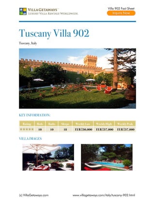 Villa 902 Fact Sheet




Tuscany Villa 902
Tuscany, Italy




KEY INFORMATION:

  Rating         Beds   Baths   Sleeps    Weekly Low     Weekly High    Weekly Peak
                 10      10      18       EUR €30,000    EUR €37,000    EUR €37,000


VILLA IMAGES




(c) VillaGetaways.com                    www.villagetaways.com/italy/tuscany-902.html
 