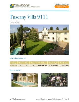 Villa 9111 Fact Sheet




Tuscany Villa 9111
Tuscany, Italy




KEY INFORMATION:

  Rating         Beds   Baths   Sleeps      Weekly Low    Weekly High    Weekly Peak
                  6      6       12        EUR €12,488    EUR €14,285    EUR €18,489


VILLA IMAGES




(c) VillaGetaways.com                    www.villagetaways.com/italy/tuscany-9111.html
 