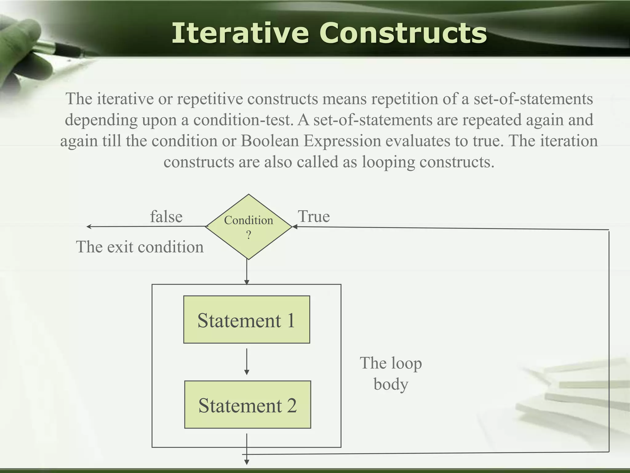 Iterative Constructs
The iterative or repetitive constructs means repetition of a set-of-statements
depending upon a condition-test. A set-of-statements are repeated again and
again till the condition or Boolean Expression evaluates to true. The iteration
constructs are also called as looping constructs.
false
The exit condition

Condition
?

True

Statement 1
The loop
body

Statement 2

 