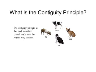 What is the Contiguity Principle? The contiguity principle is the need to embed printed words near the graphic they describe. 
