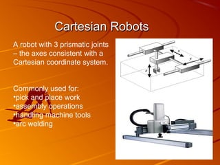 Cartesian Robots
A robot with 3 prismatic joints
– the axes consistent with a
Cartesian coordinate system.


Commonly used for:
•pick and place work
•assembly operations
•handling machine tools
•arc welding
 