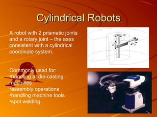 Cylindrical Robots
A robot with 2 prismatic joints
and a rotary joint – the axes
consistent with a cylindrical
coordinate system.


Commonly used for:
•handling at die-casting
machines
•assembly operations
•handling machine tools
•spot welding
 