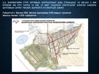 2.4. ЯАРМАГИЙН ГҮҮР ОРЧМЫН ХОРООЛЛЫН ДЭД СТАНЦААС 10 КВ-ЫН 3 ИЖ
БҮРДЭЛ ХБ РУУ ТАТАХ 12 КМ, 15 МВТ ЧАДЛЫН ХЭРЭГЦЭЭГ ХАНГАХ КАБЕЛЬ
ШУГАМЫН ЗУРАГ ТӨСӨЛ, БАРИЛГА УГСРАЛТЫН АЖИЛ
Ажлын төсөв: 1.035 тэрбум/төг
Гүйцэтгэгч: Эрчим ХХК, Эрчим корпораци ХХК-иудын түншлэл
 