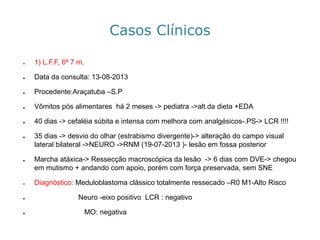 Casos Clínicos 
●1) L.F.F, 6ª 7 m, 
●Data da consulta: 13-08-2013 
●Procedente:Araçatuba –S.P 
●Vômitos pós alimentares há 2 meses -> pediatra ->alt.da dieta +EDA 
●40 dias -> cefaléiasúbita e intensa com melhora com analgésicos-.PS-> LCR !!!! 
●35 dias -> desvio do olhar (estrabismo divergente)-> alteração do campo visual lateral bilateral ->NEURO ->RNM (19-07-2013 )-lesão em fossa posterior 
●Marcha atáxica-> Ressecção macroscópica da lesão -> 6 dias com DVE-> chegou em mutismo + andando com apoio, porém com força preservada, sem SNE 
●Diagnóstico:Meduloblastomaclássico totalmente ressecado –R0 M1-Alto Risco 
●Neuro -eixo positivo LCR : negativo 
●MO: negativa  