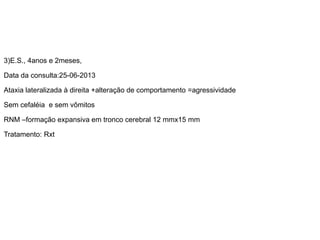 3)E.S., 4anos e 2meses, 
Data da consulta:25-06-2013 
Ataxialateralizadaà direita +alteração de comportamento =agressividade 
Sem cefaléiae sem vômitos 
RNM –formação expansiva em tronco cerebral 12 mmx15 mm 
Tratamento: Rxt  