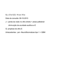 5) J. D e G.D, 14 a e 16 a 
Data da consulta: 08-10-2013 
J –perda da visão no olho direito + ptose palbebral 
diminuição da acuidade auditiva a E 
G-proptose do olho E 
Antecedentes : pai –Neurofibromatosetipo 1 + GBM  