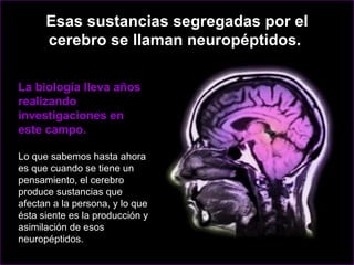Esas sustancias segregadas por el cerebro se llaman neuropéptidos.  La biología lleva años realizando investigaciones en este campo.  Lo que sabemos hasta ahora es que cuando se tiene un pensamiento, el cerebro produce sustancias que afectan a la persona, y lo que ésta siente es la producción y asimilación de esos neuropéptidos.  