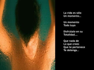 La vida es sólo
Un momento…

Un momento
Todo tuyo

Disfrútalo en su
Totalidad….

Que nada de
Lo que crees
Que te pertenece
Te detenga…
 