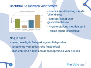 Hoofdstuk 5: Diensten voor fietsers
                                - succes en uitbreiding van de
                                Villo! dienst
                                - centraal depot voor
                                gevonden fietsen
                                - 4 grote stations met fietspunt
                                – acties tegen fietsdiefstal

Nog te doen:
- meer beveiligde fietsparkings en fietspunten
- verbetering van acties rond fietsdiefstal
– diensten rond e-bikes en aankooppremies voor e-bikes



                                                                 16
 