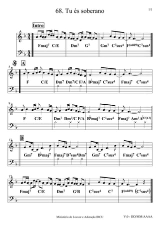 1/1
                           68. Tu és soberano


            4 « « « « « « « « « « ˆ « « « «« « «« « « « « « « « « « «
                « « « « ˆ « « « ˆ. « « « « ˆ «« ˆ «« ˆ « ˙ « « « « ˆ ˆ ˙
              Intro
          b 4 “ « « « « « « « « « « l « « « « «« « «« « « l « « « « « l « « . « =
                « ˆ « « ˆˆ « « ˆ « ˆˆ « «ˆ « ˆˆ « ˆ « ˆ ˆ ˆ ˆ « « « ”
                ˆ ˆˆ          ˆ                                         j
     l=====================
        &                                     ˆ
                                              «
      l       “ Fmaj7 C/E l Dm7 G7 l Gm7 C7sus4 lF(add9)C7sus4”
      l b4“ 4                       l                     l           l          ”
      l=====================
        ? “                         l                     l           l         =”
     %
        « »» « « »» « « « « « « « « « « « « « « « « « «
    b “ « œ « « e œ ˆ « l « « ˆ « ˆ. « ˆ. « l « ˆ « « ˆ l « « . « =l
         A
        ˆ » « « » « « ˆ ˆ « « « «« « ˙ « « « « ˆ ˆ ˙
        « ˆˆ
        j           « ˆ j « « ˆ « ˆ« ˆ « « ˆ « « « « «
                                                    ˆ     j
5

l======================
  &                       «
l     “ F        C/E l Dm7 Dm7/C F/A l Bbmaj7 C7sus4 l Fmaj7 C7sus4 l
l b“                    l ·»»»  ¿ ¿ l
                                »»»    »»»              l           l
====================== l
l? “                    l                   l           l         =

     « »» « « »» « « « « « « « « « « « « « « « « « «
   b « œ ˆ « e œ ˆ « l « ˆ « « « « « « l « ˆ « « ˆ l « « . « =l l
     ˆ » «« » « « ˆ « «« « «« « ˙ « « « « ˆ ˆ ˙
l & « «ˆ
     j           « ˆ j « ˆ ˆ ˆ. ˆ ˆ. ˆ « « ˆ « « « « «
                                                 ˆ     j
9

======================   «
l                    l Dm7 Dm7/C F/A l Bbmaj7 C7sus4 Fmaj7 Am7 Ab7(13) l l
                                                     l
l b                  l·»»»    ¿ ¿ l
                              »»» »»»                l      ¿ ¿ ll
                                                            »»» »»»
      F     C/E

====================== l l
l?                   l                 l             l              =

        « « « « »J « « « « «
   b « «« « «. œ « « « « «            « « « « »J « « « « «
                                      « «« « « œ ˆ « « « «
                                      ˆ « « « ˆ . »» l « « « ˆ ˙ =l
         B
        « «« « ˆ » « « « ˆ ˙
        ˆ ˆ« ˆ « » l ˆ ˆˆ « «         «                « ˆˆ« «
        « ˆ «                       l « ˆ« ˆ «
13

l======================
  & ll                                    ˆ«
l   l l Gm7 Bbmaj7 lFmaj7 D7sus4Dm7l Gm7 C7sus4 l Fmaj7 C7sus4 l
l b ll             l ·
                     »»
                      »
                            ¿ ¿ l
                            »»» »»»                  l             l
====================== l
l ? ll             l                l                l           =
     «««
     « « « » » « « « «« « «« « « « « « « «
   b ˆ « « œ »œ »œ œ »œ « « l ˆ «« « « « « « « « « l « ˆ « « ˆ l « « . « Œ =
     « ˆ « »» » »» »» » ˆ. « « «« « « « ˆ « « ˆ « ˙ « « « « ˆ « «
l & « ˆ » » » « ˆ « «« ˆ « ˆ « ˆˆ « « « « ˆ « « « ˆ ˆ      ˆ     j« «
17

======================”         ˆˆ « «
                                     ˆ           ˆ
l                           l Dm7 G/B l C7sus4 C7 l F(add9) (C7sus4)”
l b                         l                      l           l            ”
     Fmaj7         C/E

======================”
l?                          l                      l           l           =

                           Ministério de Louvor e Adoração IBCU   V.0 - DD/MM/AAAA
 