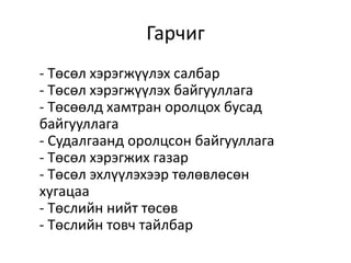 Гарчиг
- Төсөл хэрэгжүүлэх салбар
- Төсөл хэрэгжүүлэх байгууллага
- Төсөөлд хамтран оролцох бусад
байгууллага
- Судалгаанд оролцсон байгууллага
- Төсөл хэрэгжих газар
- Төсөл эхлүүлэхээр төлөвлөсөн
хугацаа
- Төслийн нийт төсөв
- Төслийн товч тайлбар
 