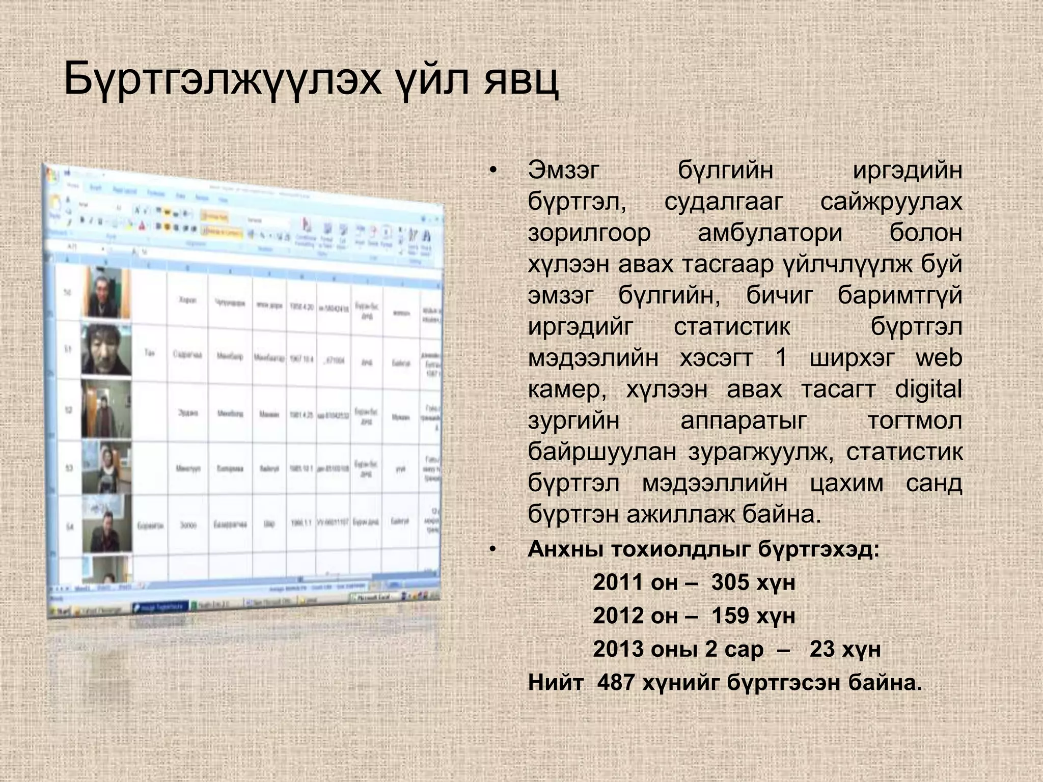 Бүртгэлжүүлэх үйл явц
                 •   Эмзэг       бүлгийн      иргэдийн
                     бүртгэл, судалгааг сайжруулах
                     зорилгоор    амбулатори     болон
                     хүлээн авах тасгаар үйлчлүүлж буй
                     эмзэг бүлгийн, бичиг баримтгүй
                     иргэдийг   статистик      бүртгэл
                     мэдээлийн хэсэгт 1 ширхэг web
                     камер, хүлээн авах тасагт digital
                     зургийн     аппаратыг     тогтмол
                     байршуулан зурагжуулж, статистик
                     бүртгэл мэдээллийн цахим санд
                     бүртгэн ажиллаж байна.
                 •   Анхны тохиолдлыг бүртгэхэд:
                          2011 он – 305 хүн
                          2012 он – 159 хүн
                          2013 оны 2 сар – 23 хүн
                     Нийт 487 хүнийг бүртгэсэн байна.
 