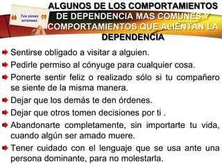 ALGUNOS DE LOS COMPORTAMIENTOS
  Tus zonas
   erróneas
               DE DEPENDENCIA MAS COMUNES Y
              COMPORTAMIENTOS QUE ALIENTAN LA
                       DEPENDENCIA
Sentirse obligado a visitar a alguien.
Pedirle permiso al cónyuge para cualquier cosa.
Ponerte sentir feliz o realizado sólo si tu compañero
se siente de la misma manera.
Dejar que los demás te den órdenes.
Dejar que otros tomen decisiones por ti .
Abandonarte completamente, sin importarte tu vida,
cuando algún ser amado muere.
Tener cuidado con el lenguaje que se usa ante una
persona dominante, para no molestarla.
 