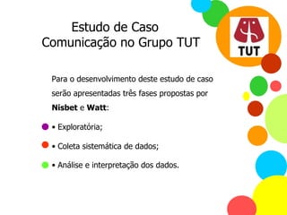 Para o desenvolvimento deste estudo de caso serão apresentadas três fases propostas por  Nisbet  e  Watt : Exploratória; Coleta sistemática de dados; Análise e interpretação dos dados.   Estudo de Caso  Comunicação no Grupo TUT 