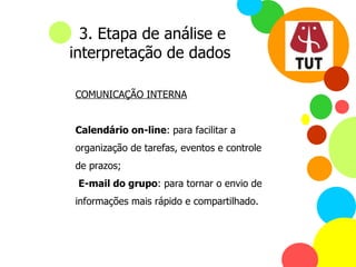 COMUNICAÇÃO INTERNA   Calendário on-line : para facilitar a organização de tarefas, eventos e controle de prazos;     E-mail do grupo : para tornar o envio de informações mais rápido e compartilhado. 3. Etapa de análise e interpretação de dados 