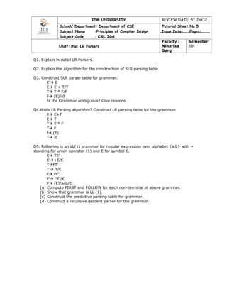 ITM UNIVERSITY                         REVIEW DATE: 5th Jan’12
              School/ Department: Department of CSE                    Tutorial Sheet No.5
              Subject Name      :Principles of Compiler Design         Issue Date:    Pages:
              Subject Code      : CSL 306
                                                                       Faculty :     Semester:
              Unit/Title: LR Parsers                                   Niharika      6th
                                                                       Garg

Q1. Explain in detail LR Parsers.

Q2. Explain the algorithm for the construction of SLR parsing table.

Q3. Construct SLR parser table for grammar:
      E’ E
      E E + T/T
      T T * F/F
      F (E)/id
      Is the Grammar ambiguous? Give reasons.

Q4.Write LR Parsing algorithm? Construct LR parsing table for the grammar:
      E E+T
      E T
      T T * F
      T F
      f (E)
      T id

Q5. Following is an LL(1) grammar for regular expression over alphabet {a,b} with +
standing for union operator (1) and E for symbol €.
       E TE’
       E’+E/€
       TFT’
       T’ T/€
       F PF’
       F’ *F’/€
       P (E)/a/b/€
   (a) Compute FIRST and FOLLOW for each non-terminal of above grammar.
   (b) Show that grammar is LL (1).
   (c) Construct the predictive parsing table for grammar.
   (d) Construct a recursive descent parser for the grammar.
 
