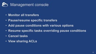 Management console
• Monitor all transfers
• Pause/resume specific transfers
• Add pause conditions with various options
• Resume specific tasks overriding pause conditions
• Cancel tasks
• View sharing ACLs
32
 