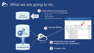 What we are going to do:
Install Globus Connect Server
• Access server as user “campusadmin”
• Update repo
• Install package
• Setup Globus Connect Server
Server
(AWS EC2)
ssh
ec2-22-23-24-25
Log into Globus
Transfer a file
1
2
3
Access the newly created
endpoint (as user ‘researcher’)
4
9
 