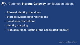 Common Storage Gateway configuration options
• Allowed identity domain(s)
• Storage system path restrictions
• Local user ...