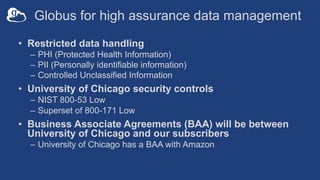 Globus for high assurance data management
• Restricted data handling
– PHI (Protected Health Information)
– PII (Personally identifiable information)
– Controlled Unclassified Information
• University of Chicago security controls
– NIST 800-53 Low
– Superset of 800-171 Low
• Business Associate Agreements (BAA) will be between
University of Chicago and our subscribers
– University of Chicago has a BAA with Amazon
 